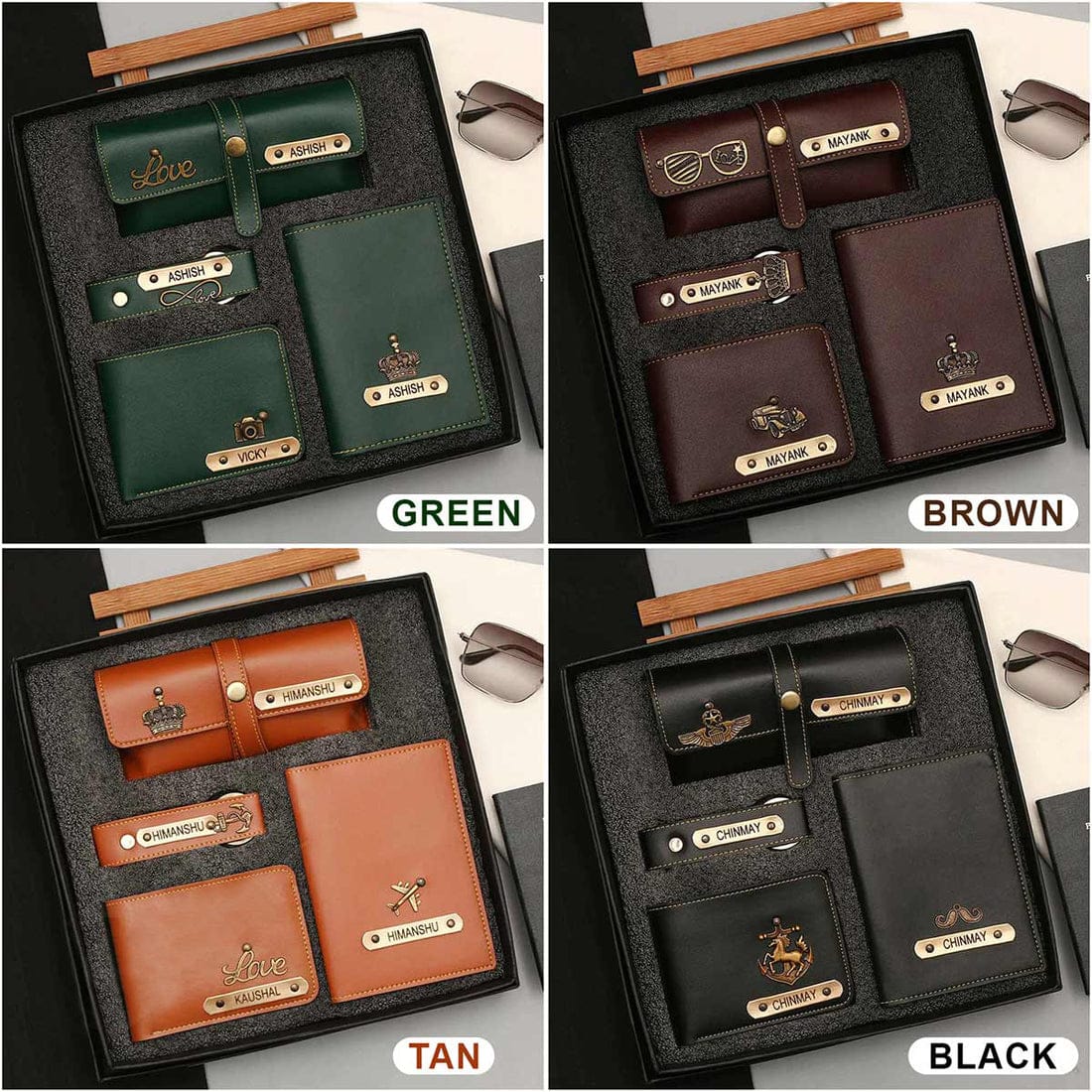 Personalized 4-in-1 Men’s Gift Set Brown – Custom Wallet, Passport Cover, Keychain & Eyewear Case
