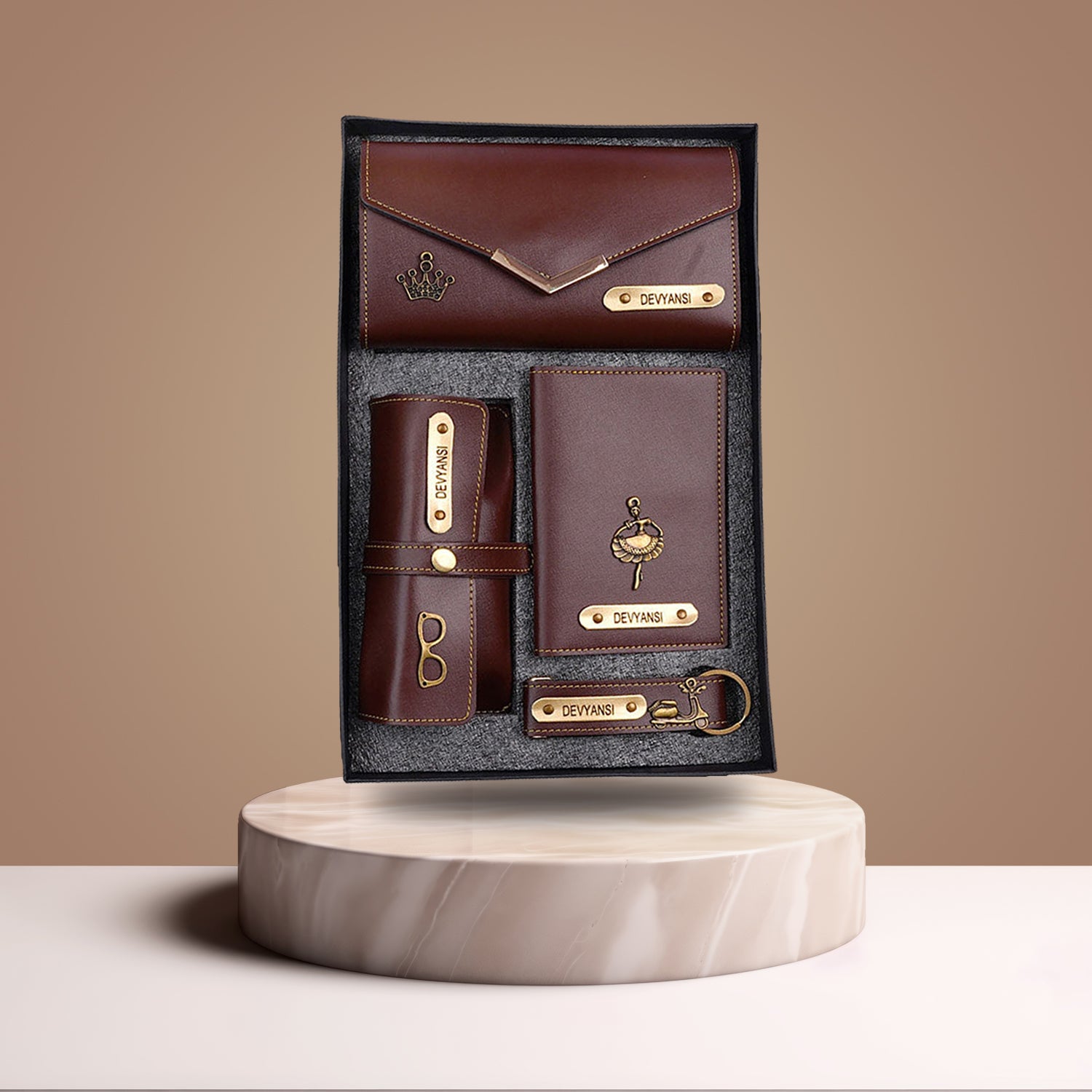 Personalized Brown 4-in-1 Women’s Combo – Custom Clutch, Passport Cover, Keychain & Eyewear Case for Gifts