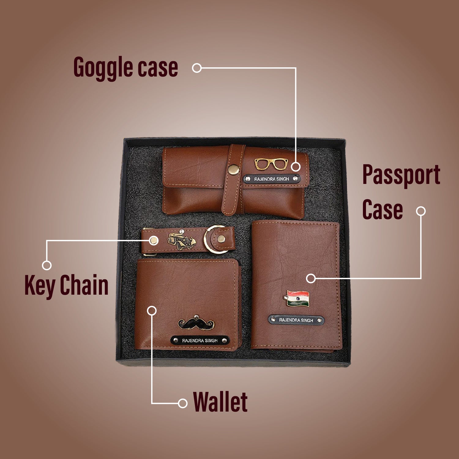 Personalized 4-in-1 Men’s Gift Set Brown – Custom Wallet, Passport Cover, Keychain & Eyewear Case