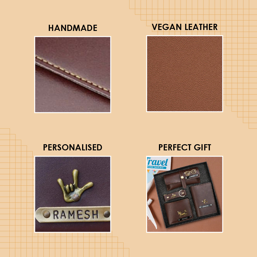 Personalized 4-in-1 Men’s Gift Set Brown – Custom Wallet, Passport Cover, Keychain & Eyewear Case