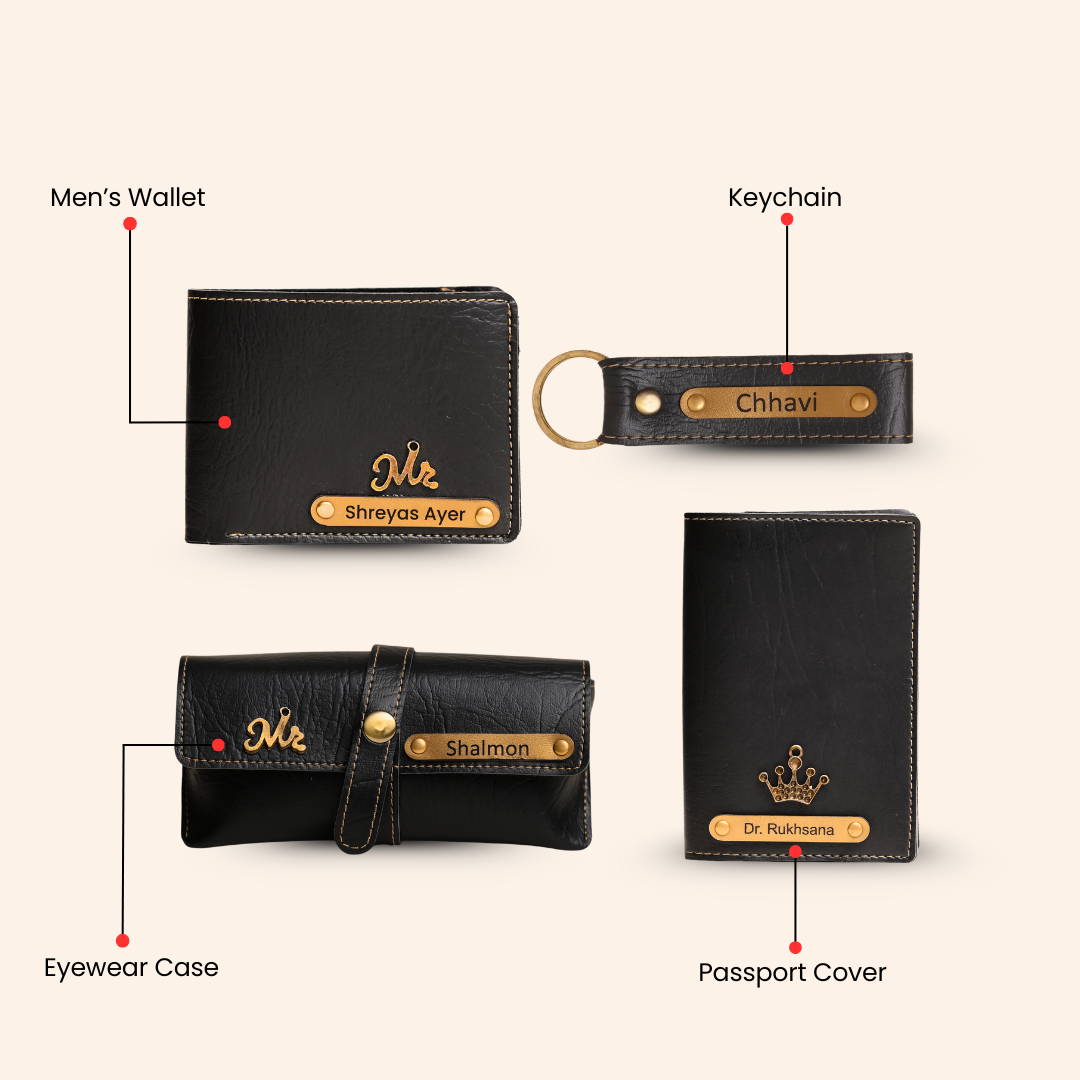 Personalized 4-in-1 Men’s Gift Set Black – Custom Wallet, Passport Cover, Keychain & Eyewear Case