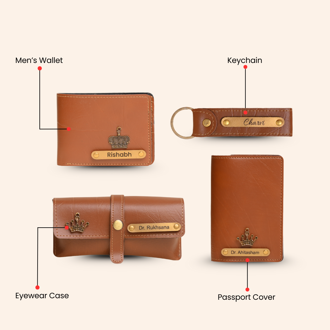 Personalized 4-in-1 Men’s Gift Set Tan – Custom Wallet, Passport Cover, Keychain & Eyewear Case