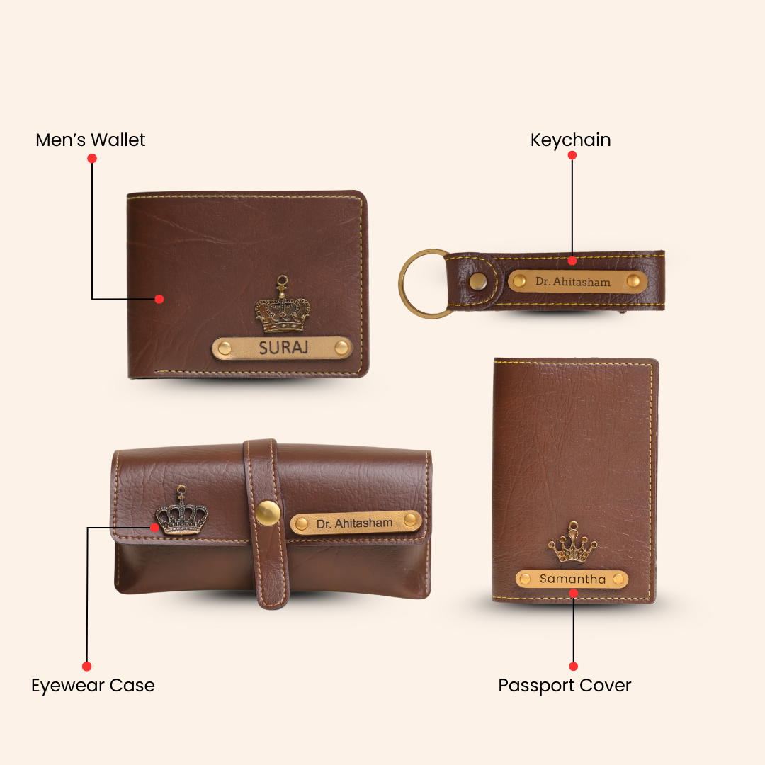 Personalized 4-in-1 Men’s Gift Set Brown – Custom Wallet, Passport Cover, Keychain & Eyewear Case