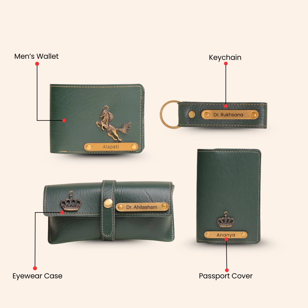 Personalized 4-in-1 Men’s Gift Set Green – Custom Wallet, Passport Cover, Keychain & Eyewear Case