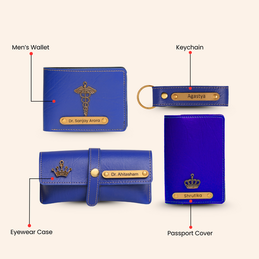 Personalized 4-in-1 Men’s Gift Set Blue – Custom Wallet, Passport Cover, Keychain & Eyewear Case
