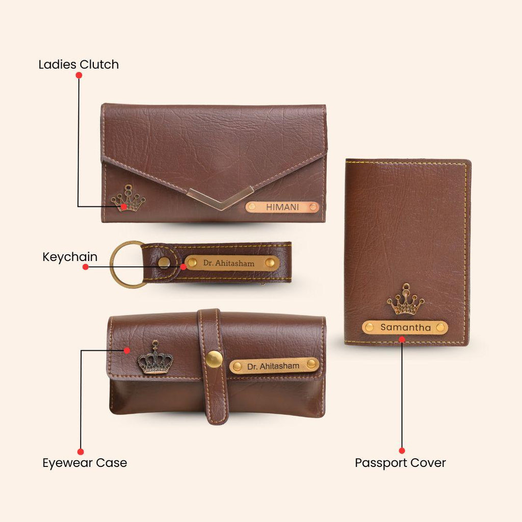 Personalized Brown 4-in-1 Women’s Combo – Custom Clutch, Passport Cover, Keychain & Eyewear Case for Gifts