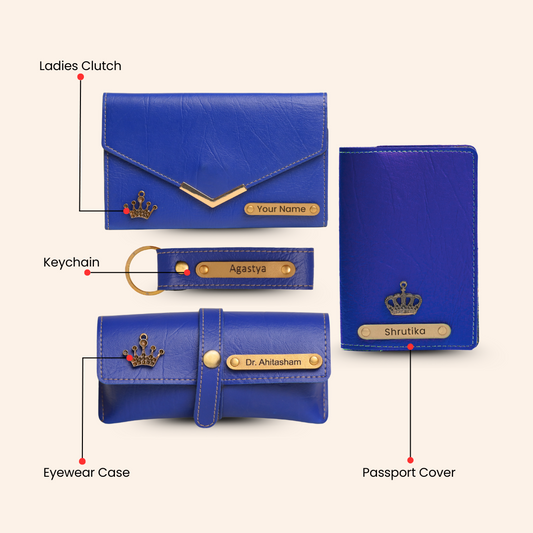 Personalized Blue 4-in-1 Women's Combo | Custom Gift Set with Clutch, Passport Cover, Keychain, and Eyewear Case
