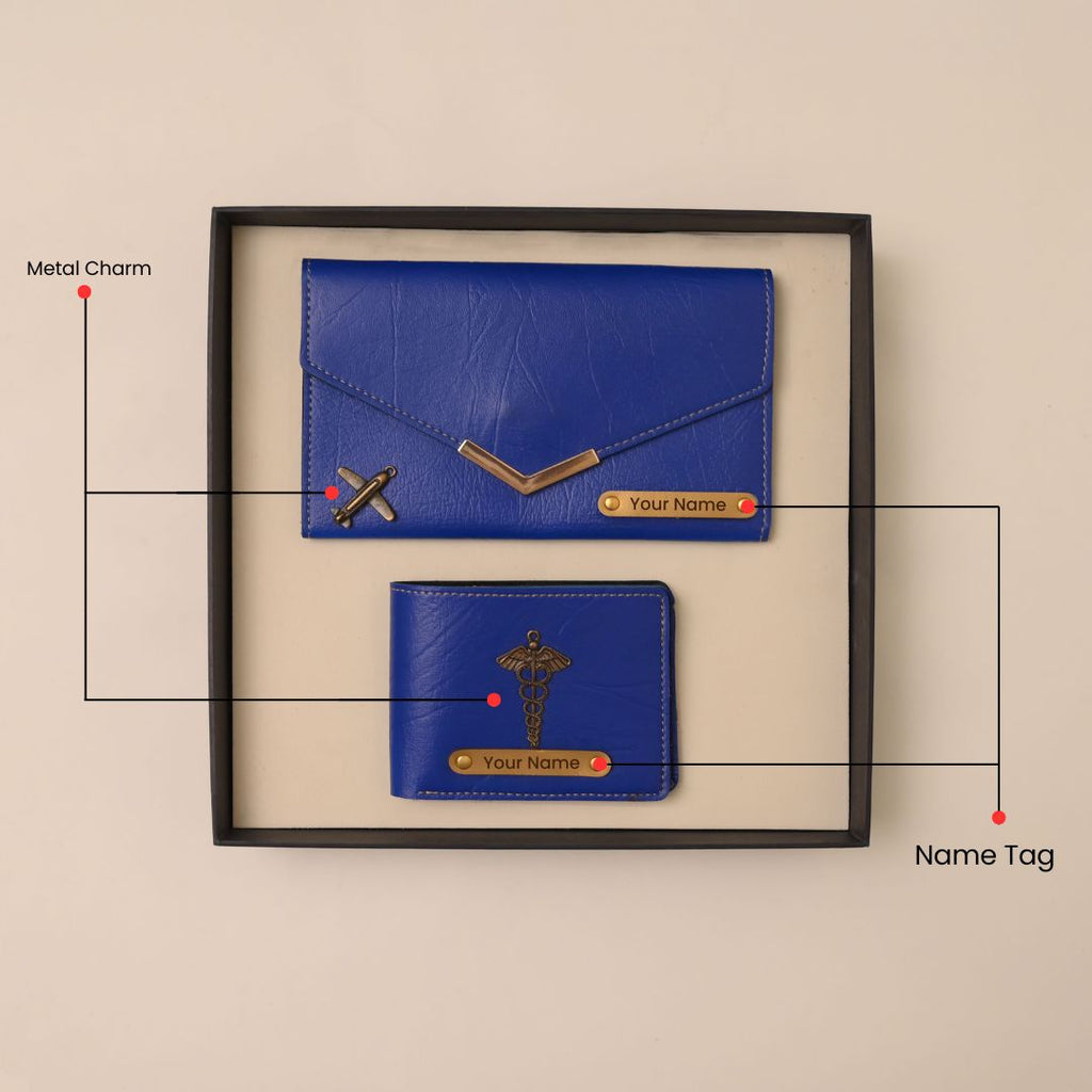 Personalized Ladies Clutch + Men's Wallet Combo Blue