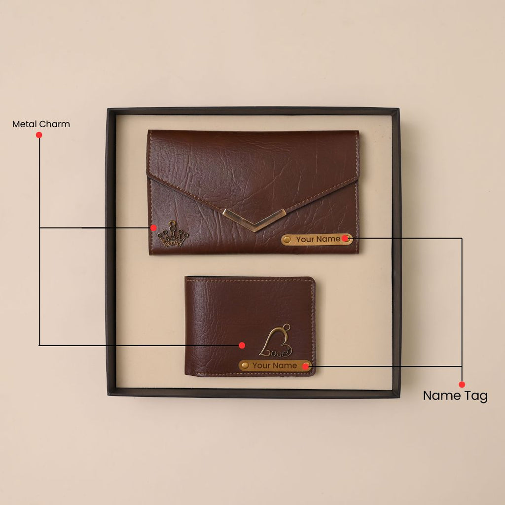 Personalised Ladies Clutch + Men's Wallet Combo Brown