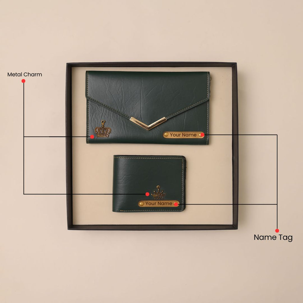 Personalised Ladies Clutch + Men's Wallet Combo Green