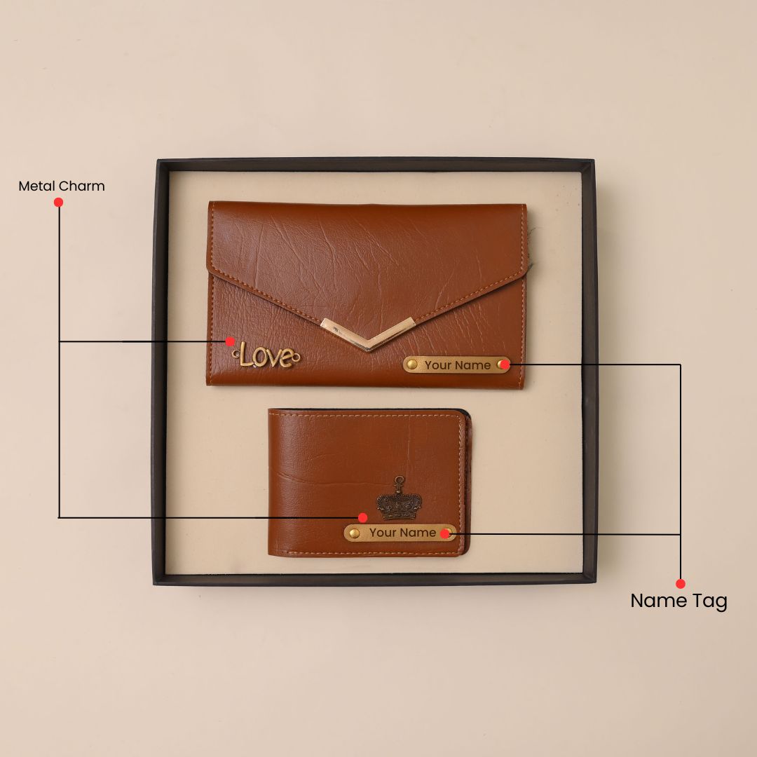 Personalised Ladies Clutch + Men's Wallet Combo Tan