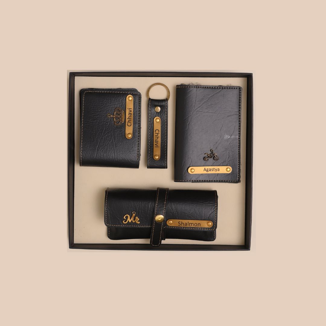 Personalized 4-in-1 Men’s Gift Set Black – Custom Wallet, Passport Cover, Keychain & Eyewear Case