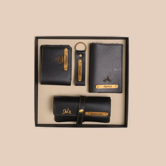 Personalized 4-in-1 Men’s Gift Set Black – Custom Wallet, Passport Cover, Keychain & Eyewear Case