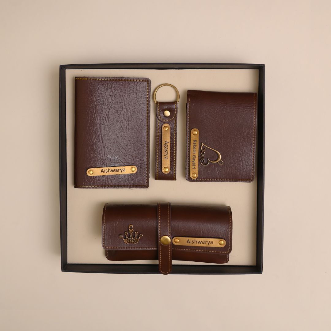 Personalized 4-in-1 Men’s Gift Set Brown – Custom Wallet, Passport Cover, Keychain & Eyewear Case