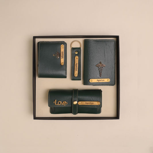 Personalized 4-in-1 Men’s Gift Set Green – Custom Wallet, Passport Cover, Keychain & Eyewear Case
