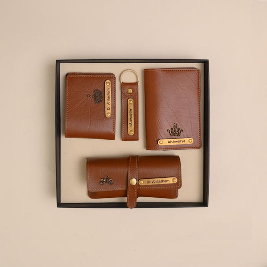 Personalized 4-in-1 Men’s Gift Set Tan – Custom Wallet, Passport Cover, Keychain & Eyewear Case