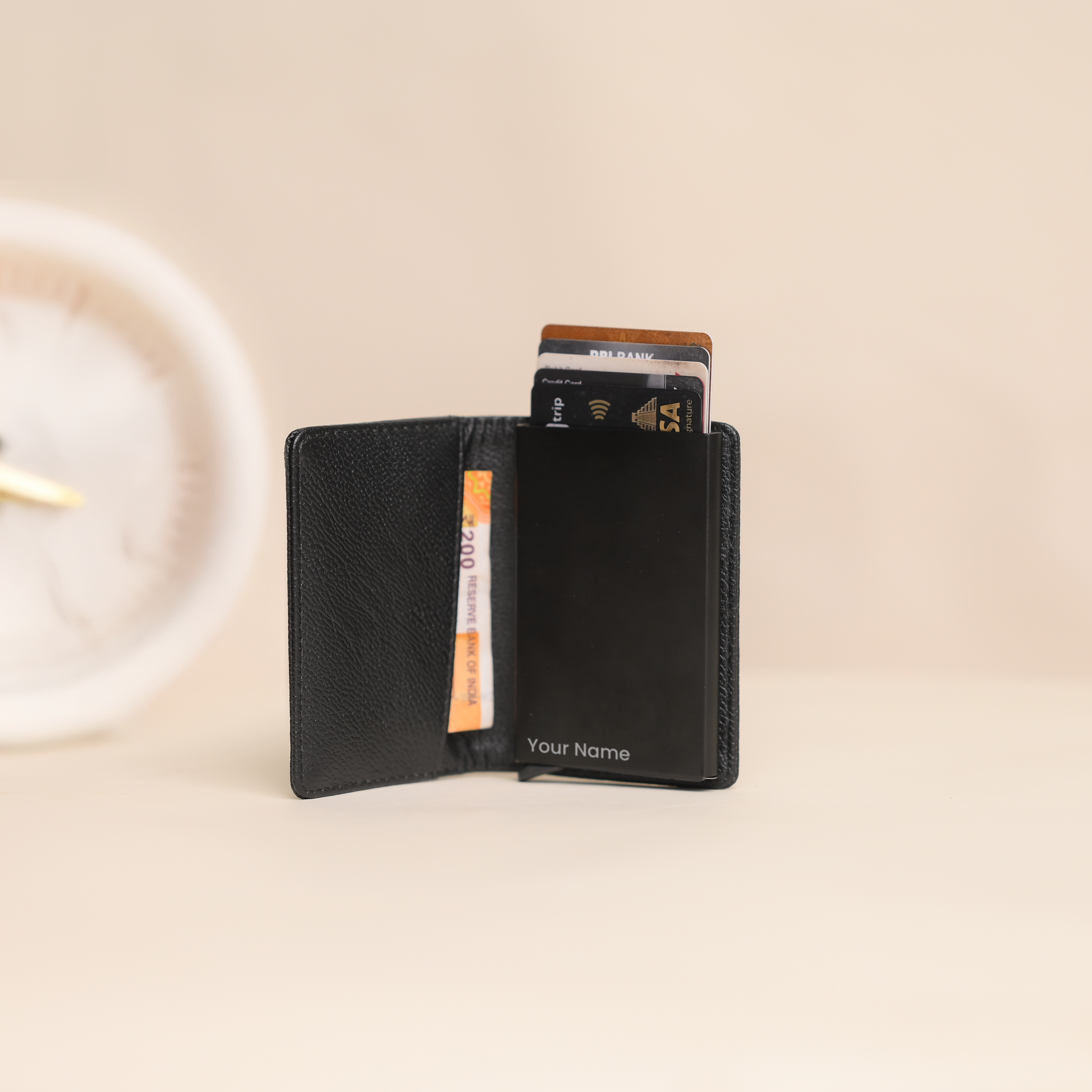 Personalized RFID Protected Metal Card Holder Black With Leather Cover