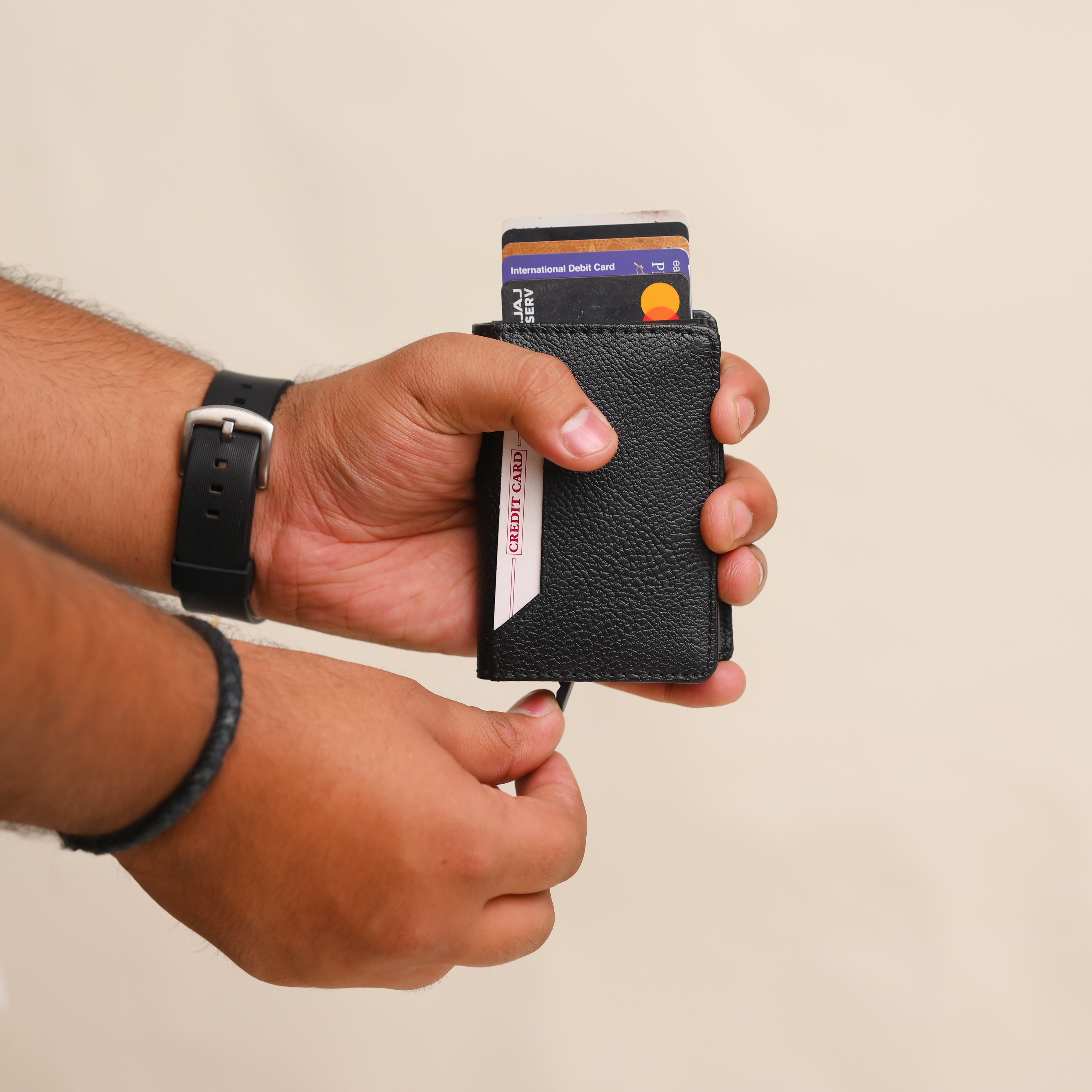 Personalized RFID Protected Metal Card Holder Black With Leather Cover