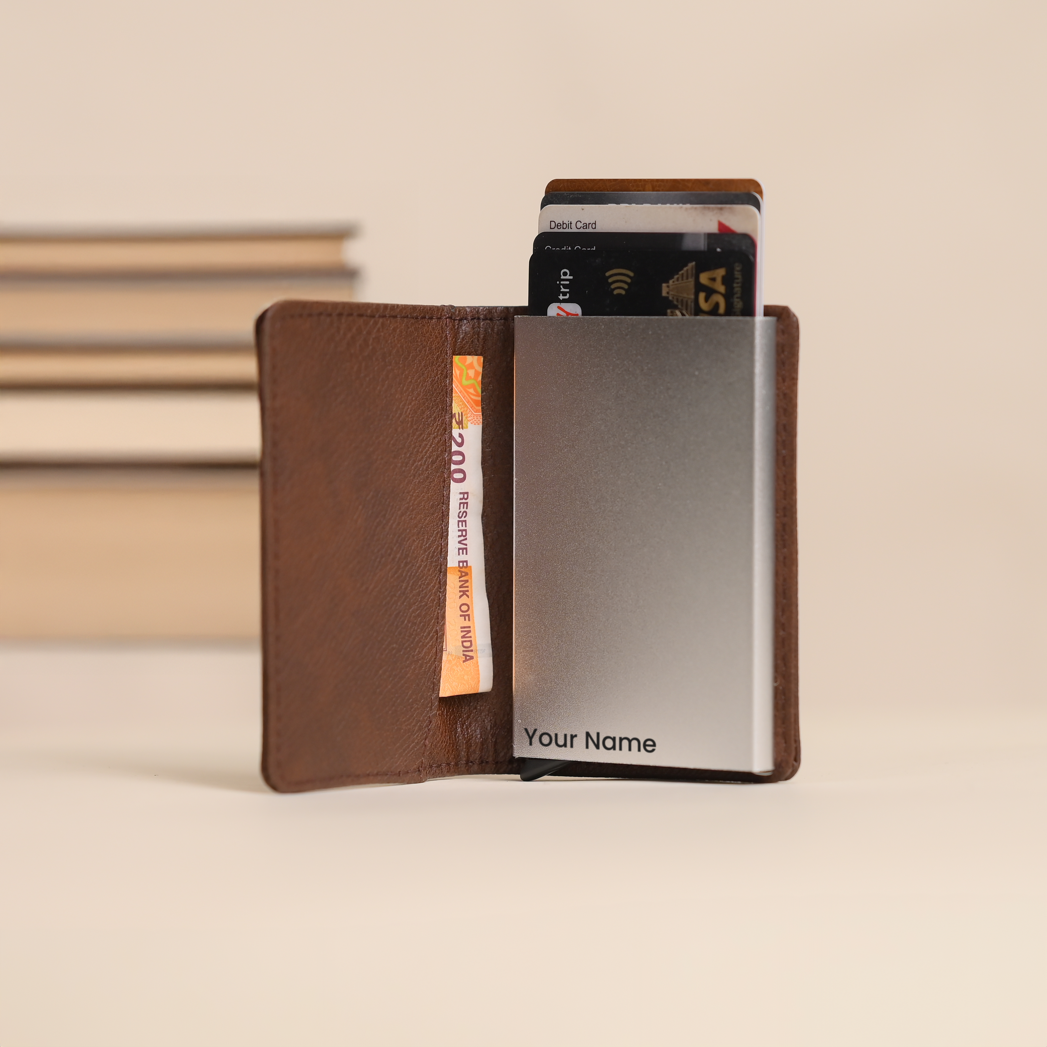 Personalized RFID Protected Metal Card Holder Brown With Leather Cover