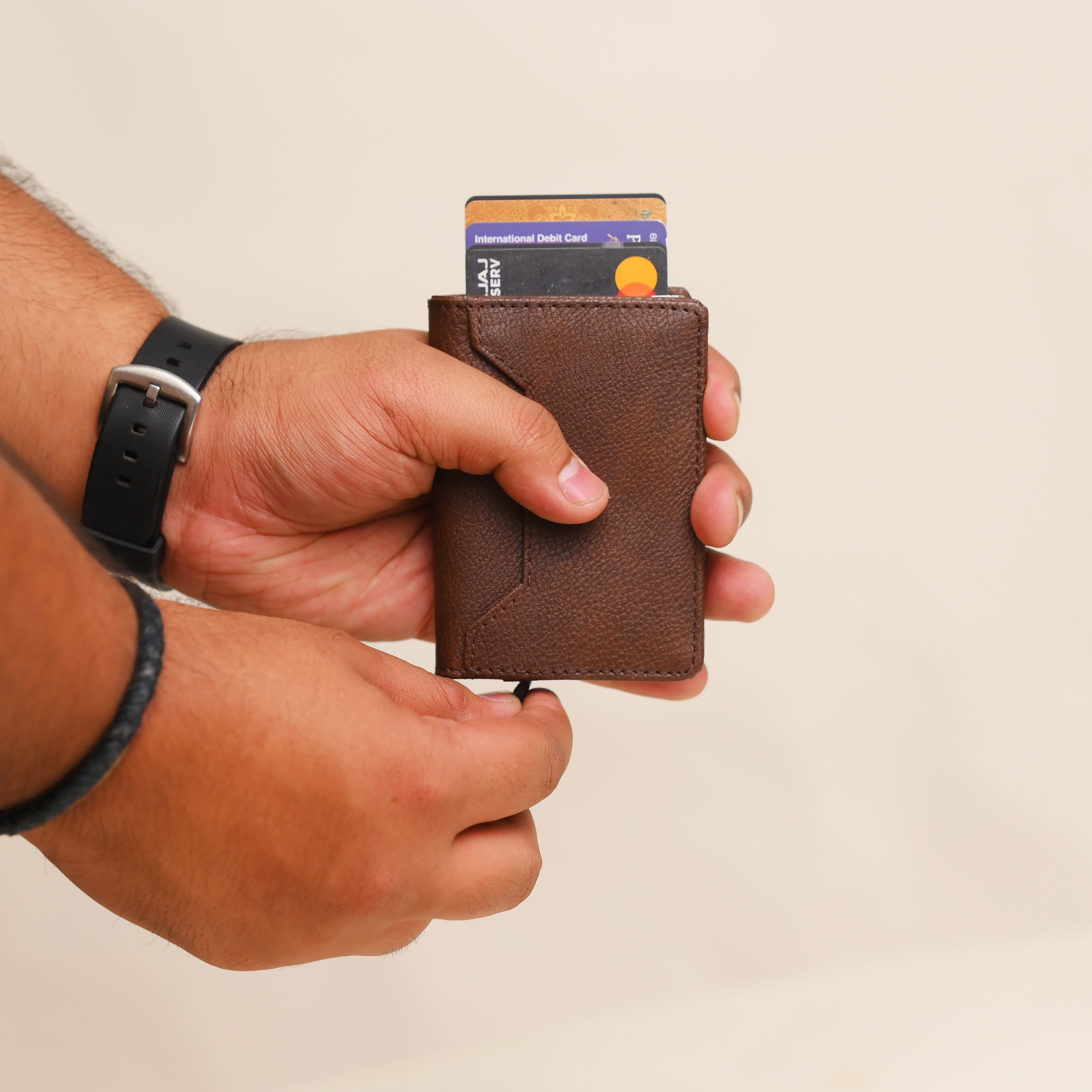 Personalized RFID Protected Metal Card Holder Brown With Leather Cover