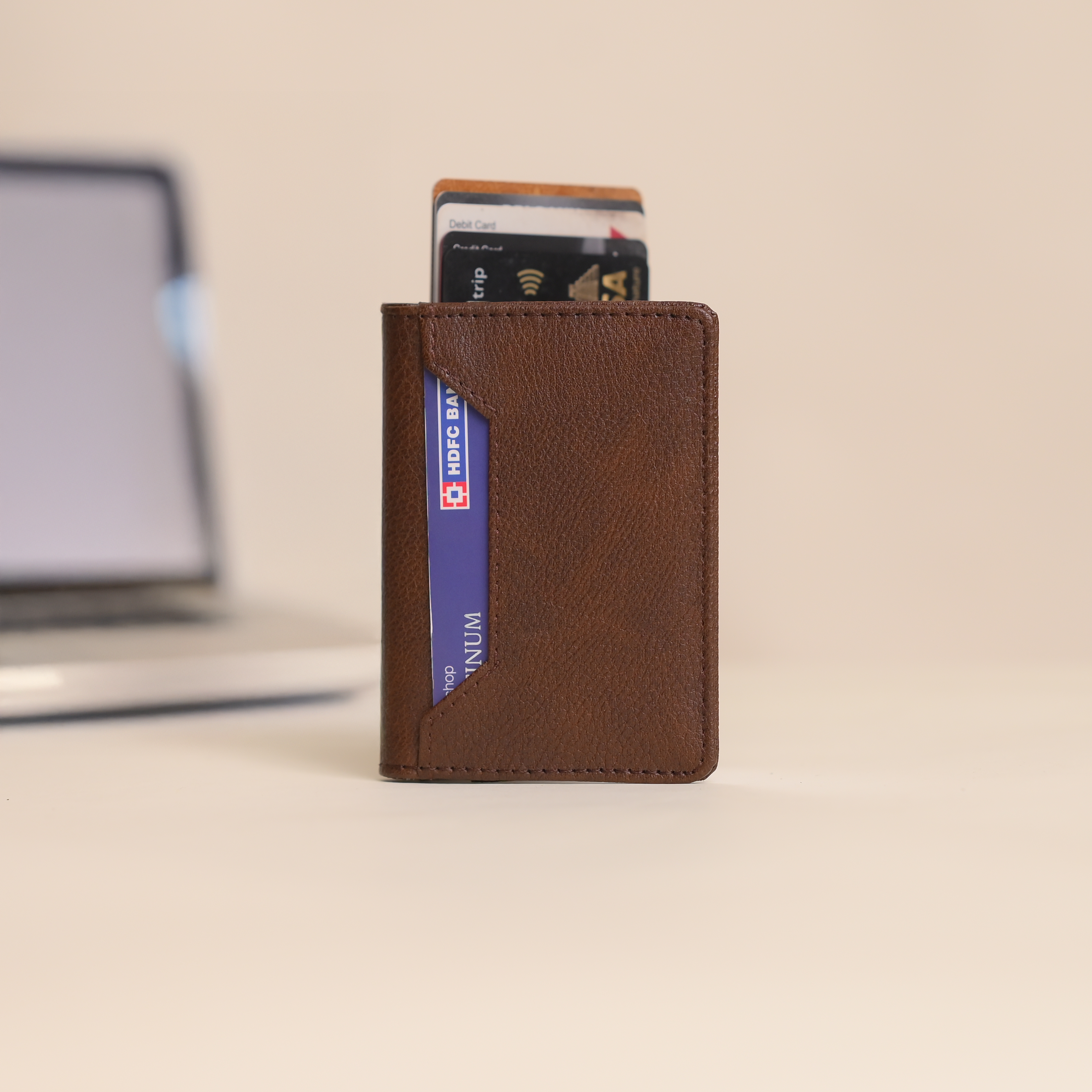 Personalized RFID Protected Metal Card Holder Brown With Leather Cover