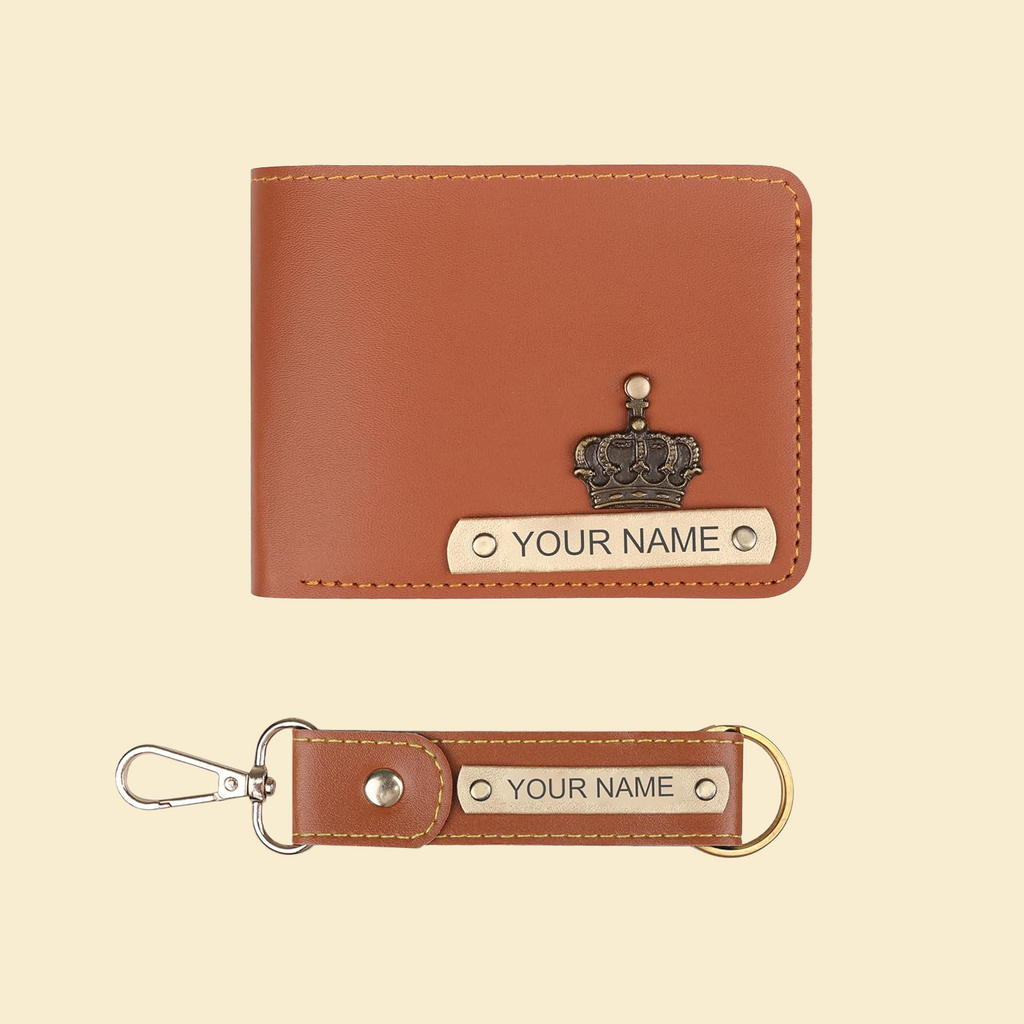 Personalized Men's Leather Wallet & Keychain with Name & Charm.