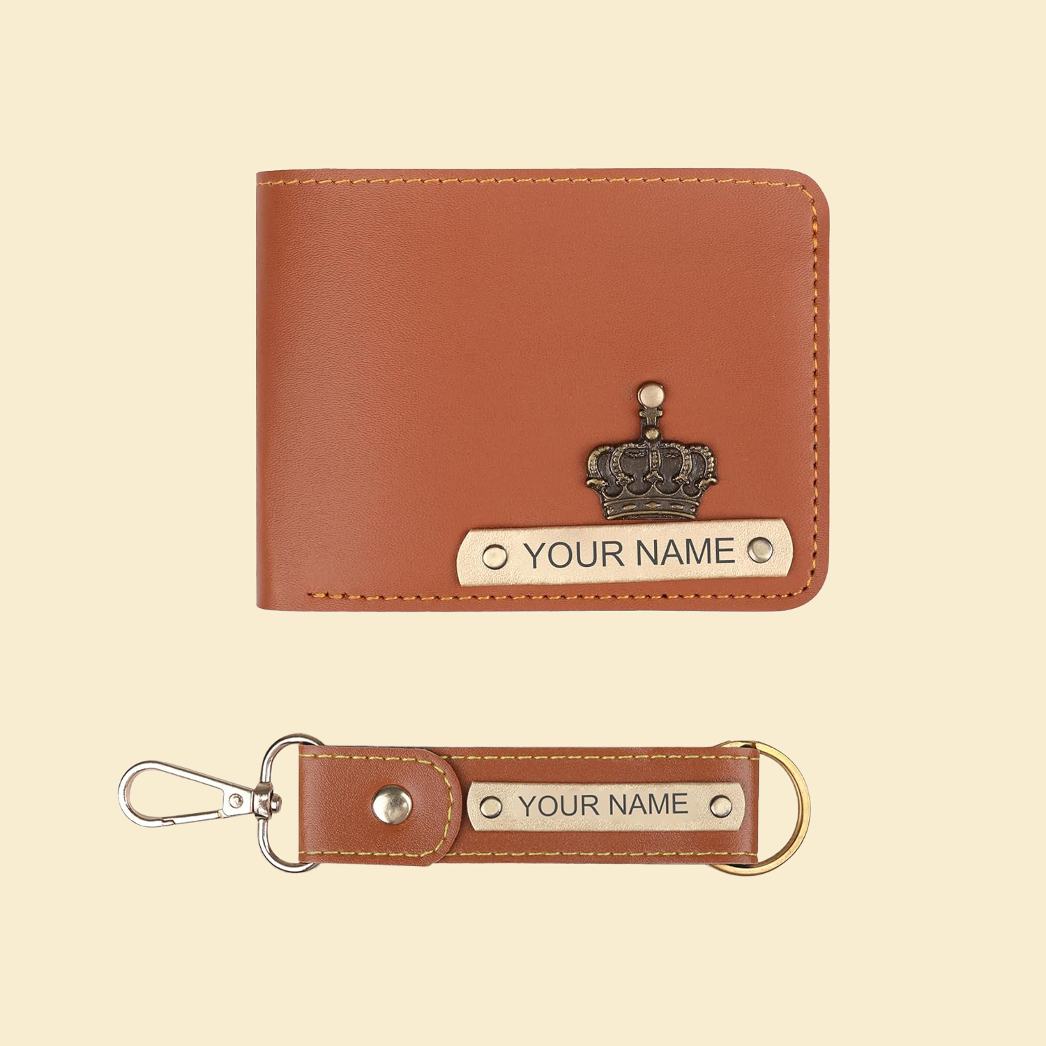 Personalized Men's Leather Wallet & Keychain with Name & Charm.
