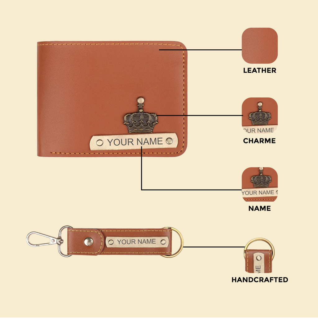 Personalized Men's Leather Wallet & Keychain with Name & Charm.