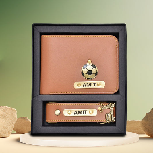 Personalized Men's Leather Wallet & Keychain with Name & Charm.