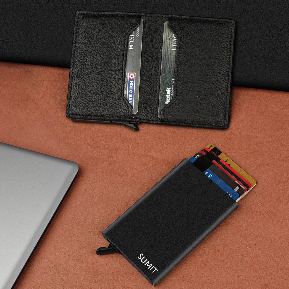 Personalized RFID Protected Metal Card Holder With Leather Cover
