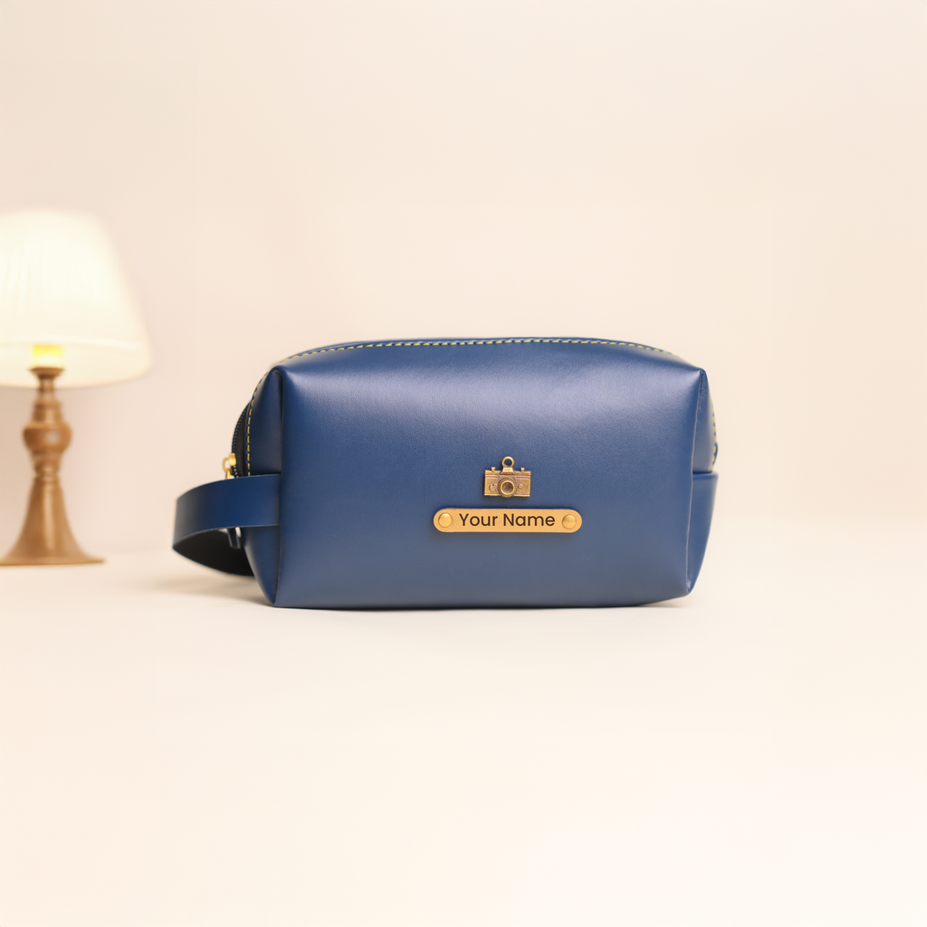 Personalized Navy Blue Vanity Pouch – Custom Luxury Travel Clutch