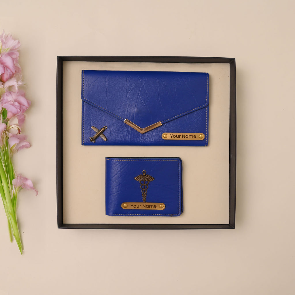 Personalized Ladies Clutch + Men's Wallet Combo Blue