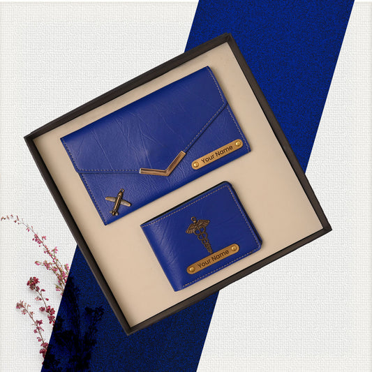 Personalised Ladies Clutch + Men's Wallet Combo Blue