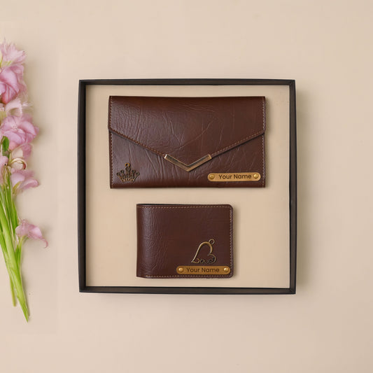 Personalised Ladies Clutch + Men's Wallet Combo Brown