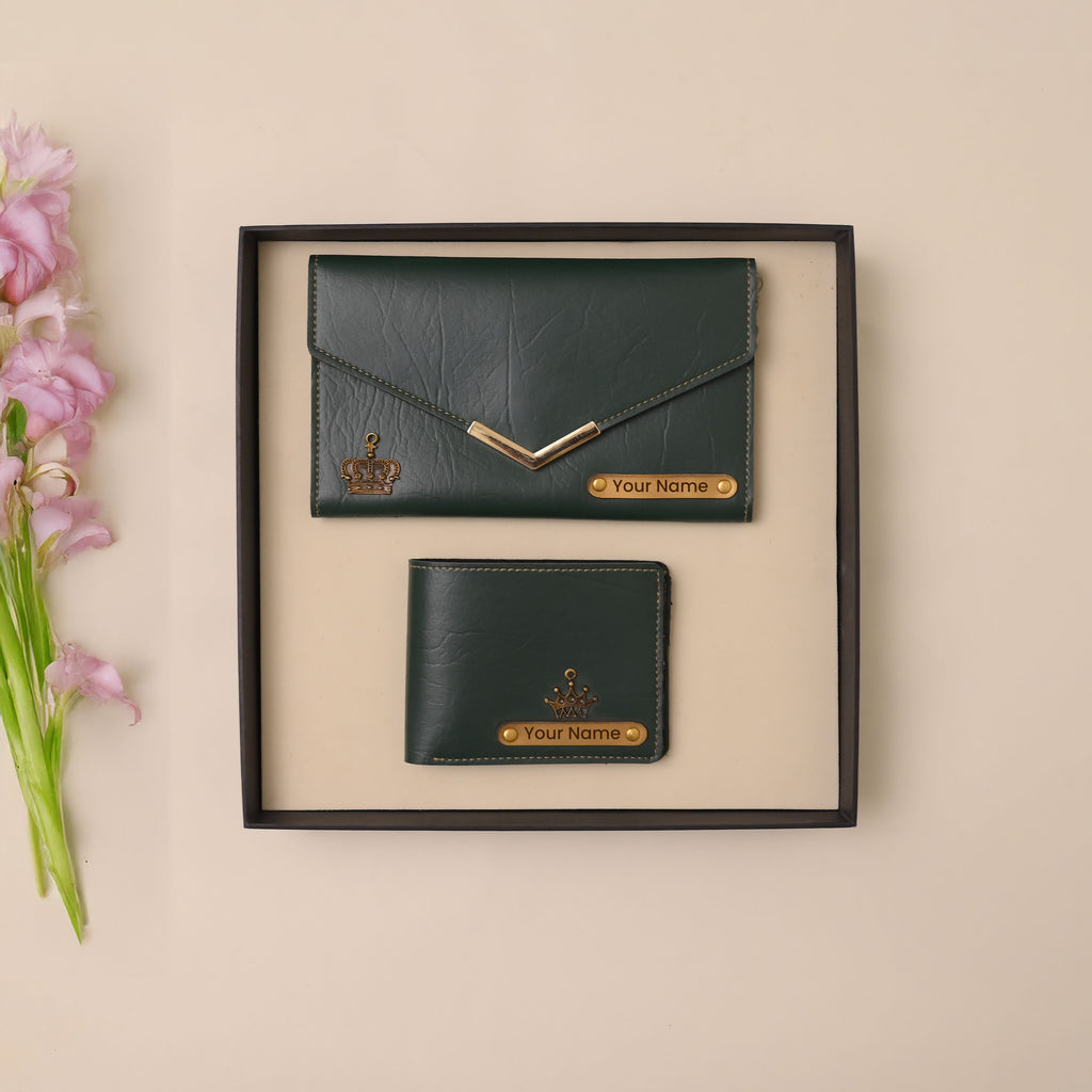 Personalised Ladies Clutch + Men's Wallet Combo Green