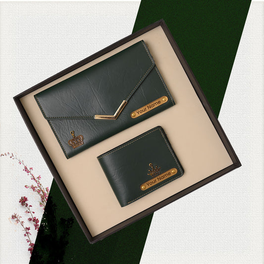 Personalised Ladies Clutch + Men's Wallet Combo Green