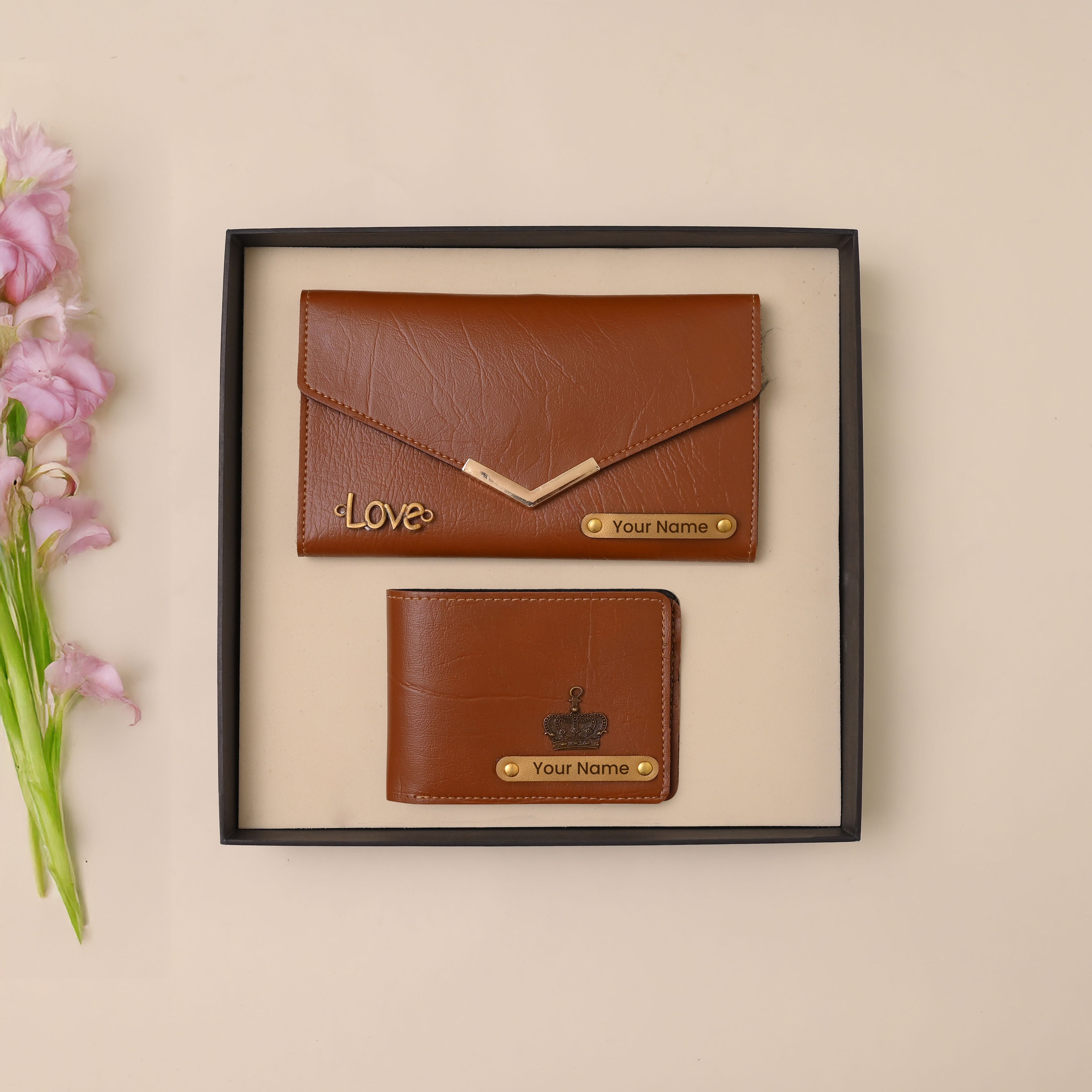 Personalised Ladies Clutch + Men's Wallet Combo Tan