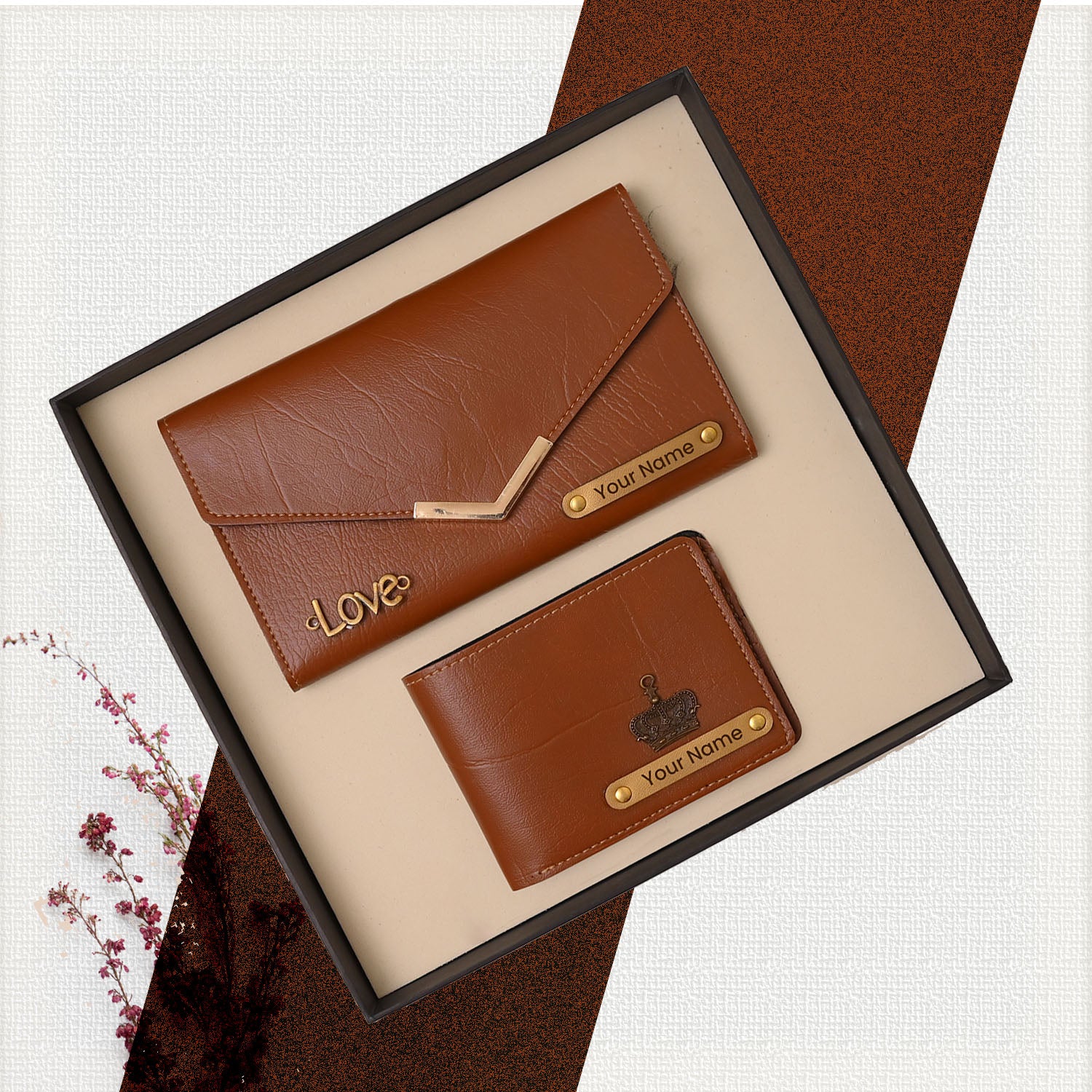 Personalised Ladies Clutch + Men's Wallet Combo Tan