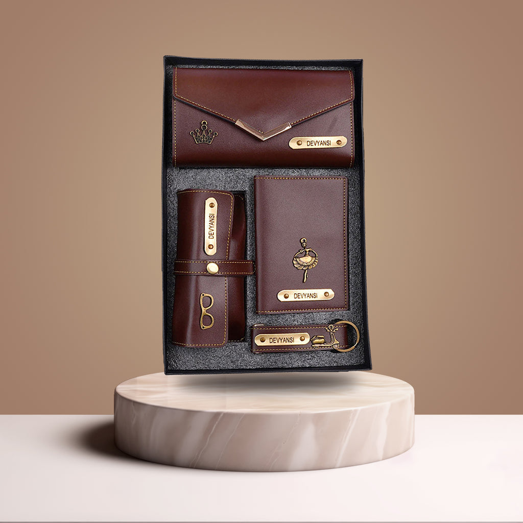 Personalized Brown 4-in-1 Women’s Combo – Custom Clutch, Passport Cover, Keychain & Eyewear Case for Gifts