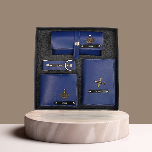 Personalized 4-in-1 Men’s Gift Set Blue – Custom Wallet, Passport Cover, Keychain & Eyewear Case