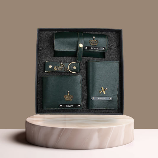 Personalized 4-in-1 Men’s Gift Set Green – Custom Wallet, Passport Cover, Keychain & Eyewear Case