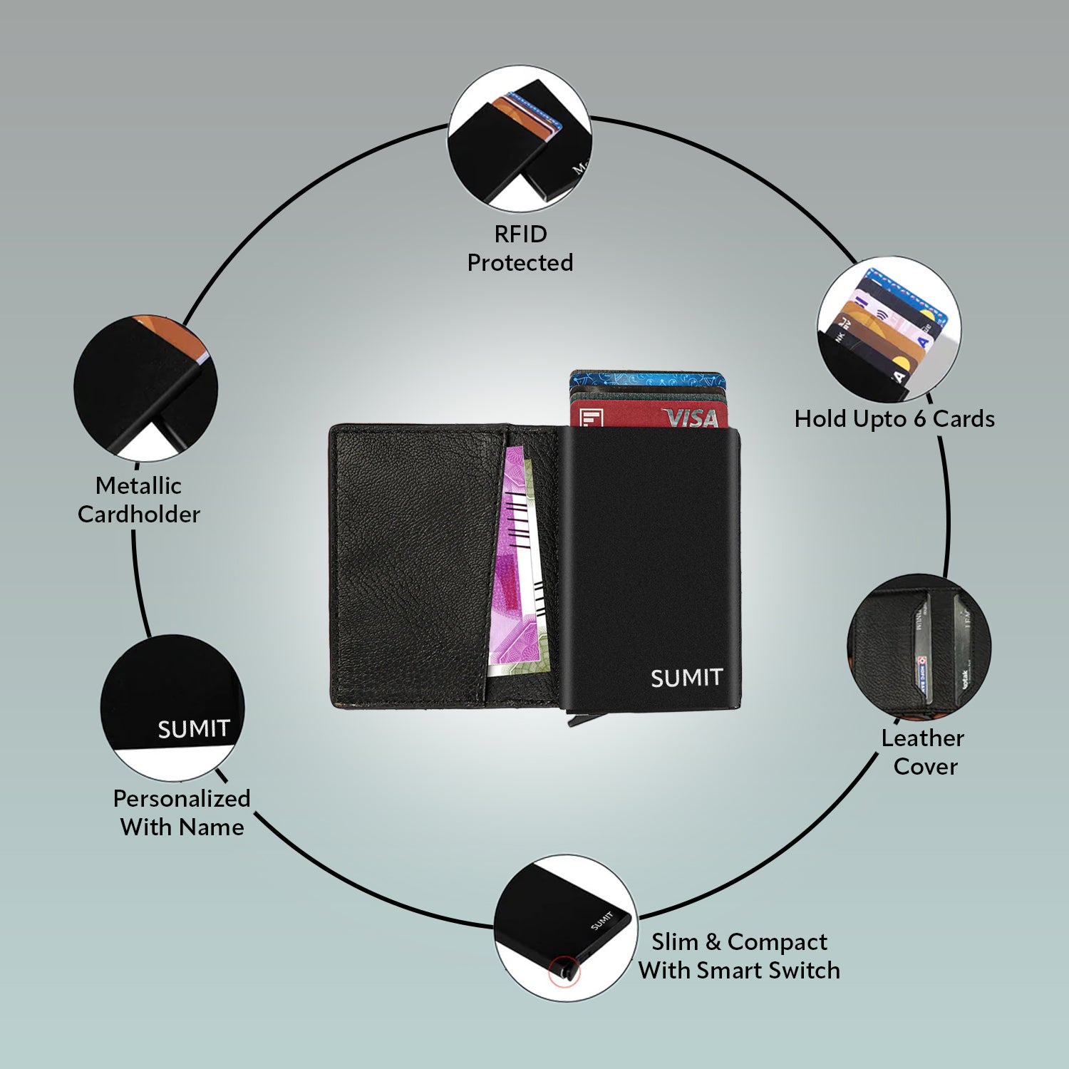 Personalized RFID Protected Metal Card Holder Brown With Leather Cover