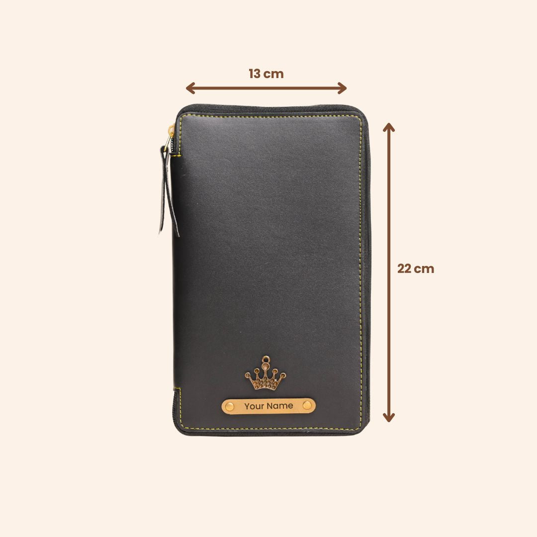 Personalized Black Leather Zippered Travel Passport Folder