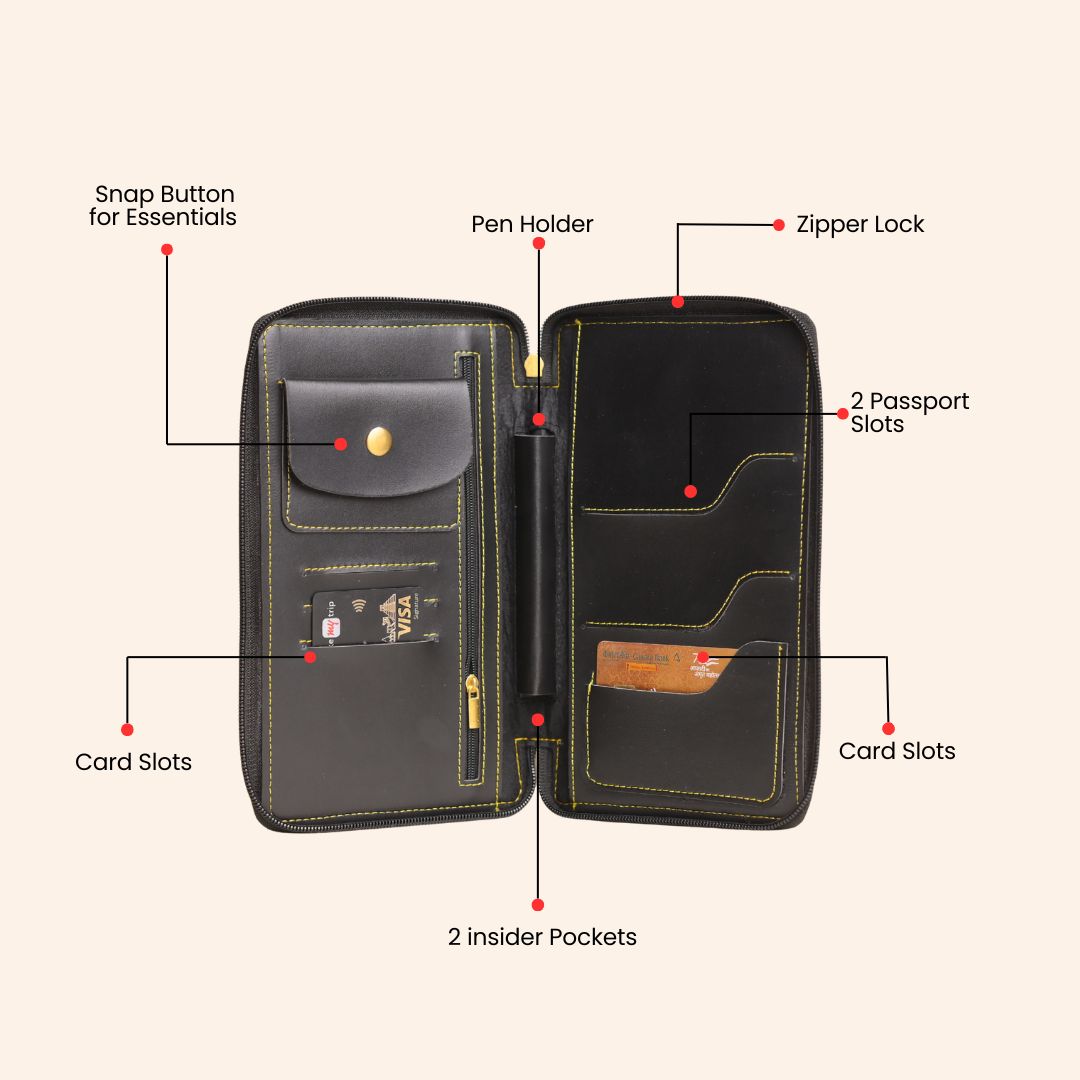 Personalized Black Leather Zippered Travel Passport Folder