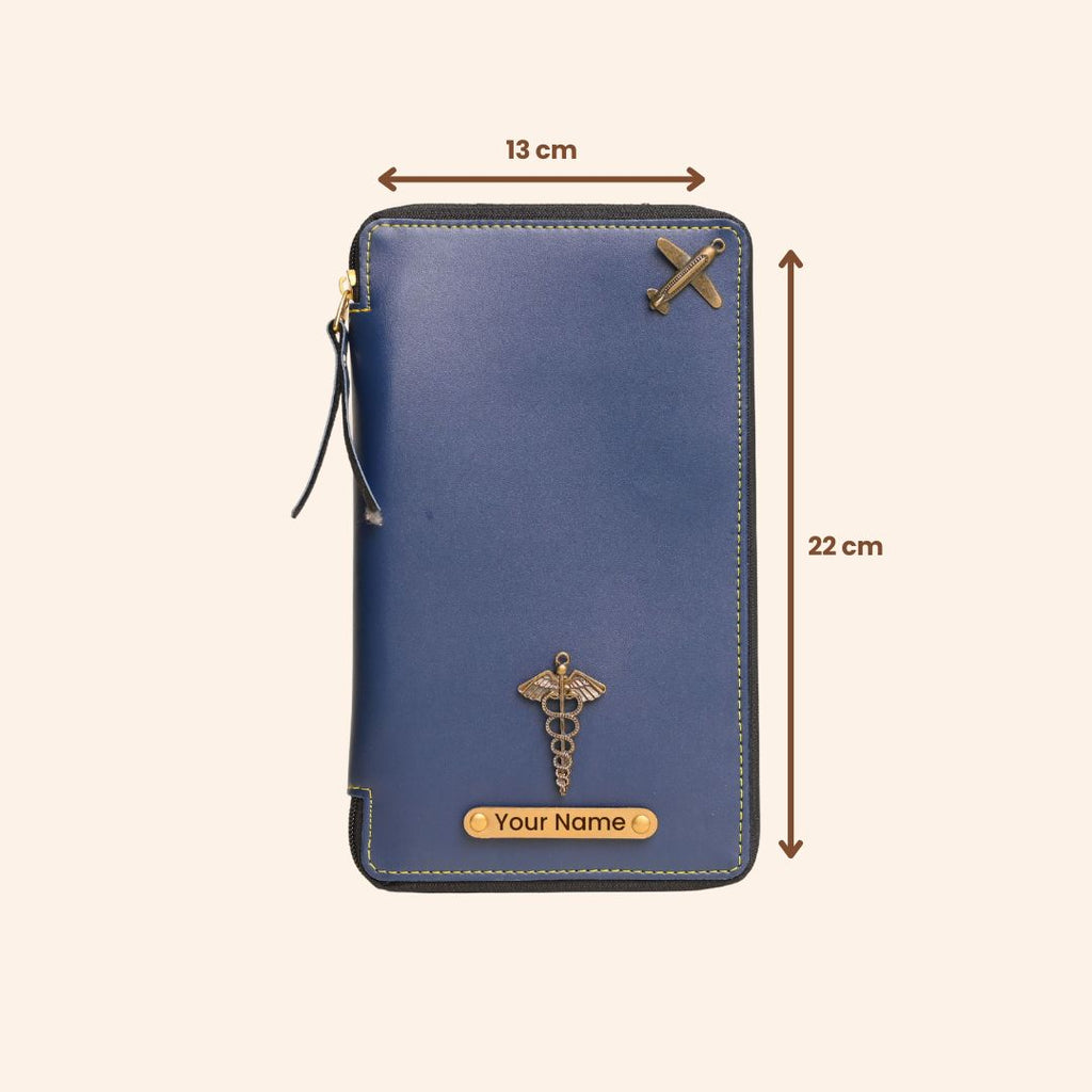 Personalized Blue Leather Zippered Travel Passport Folder