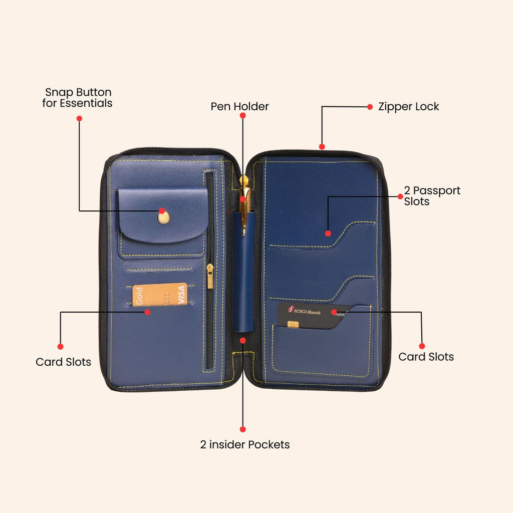 Personalized Blue Leather Zippered Travel Passport Folder
