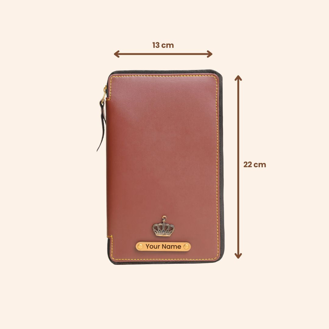 Personalized Brown Leather Zippered Travel Passport Folder