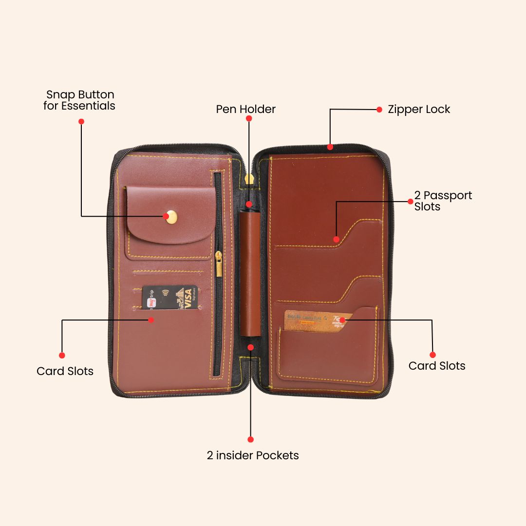 Personalized Brown Leather Zippered Travel Passport Folder