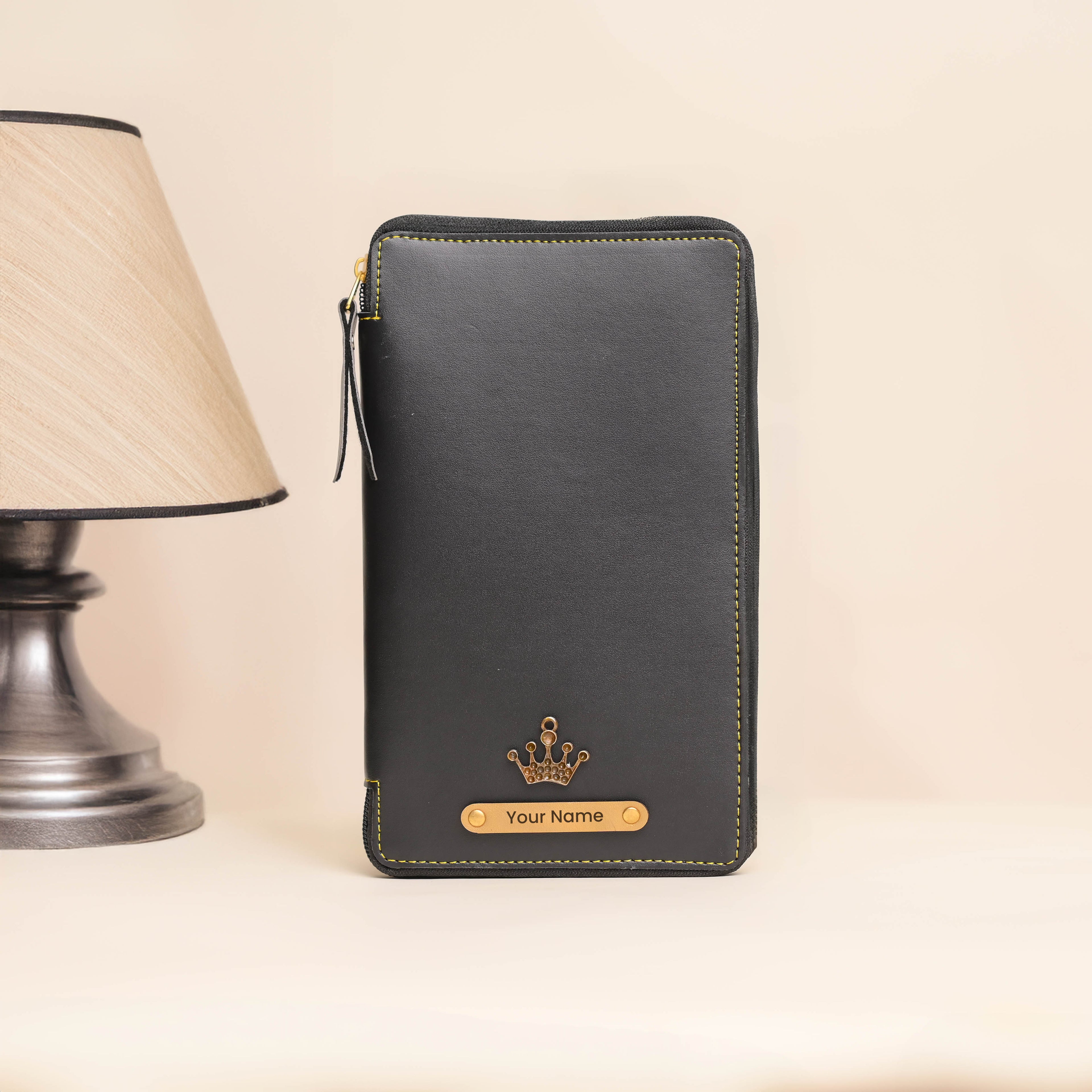 Personalized Black Leather Zippered Travel Passport Folder