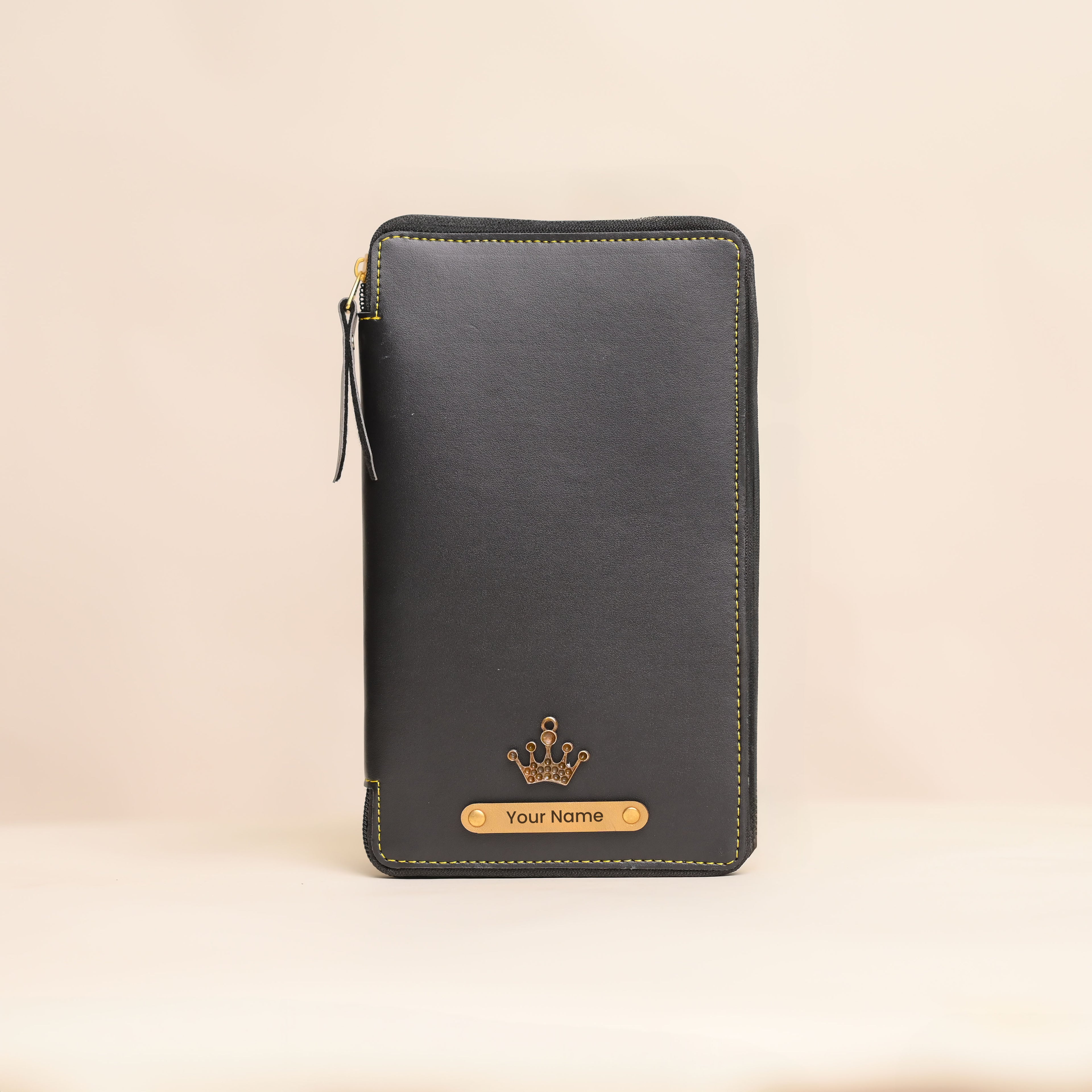 Personalized Black Leather Zippered Travel Passport Folder